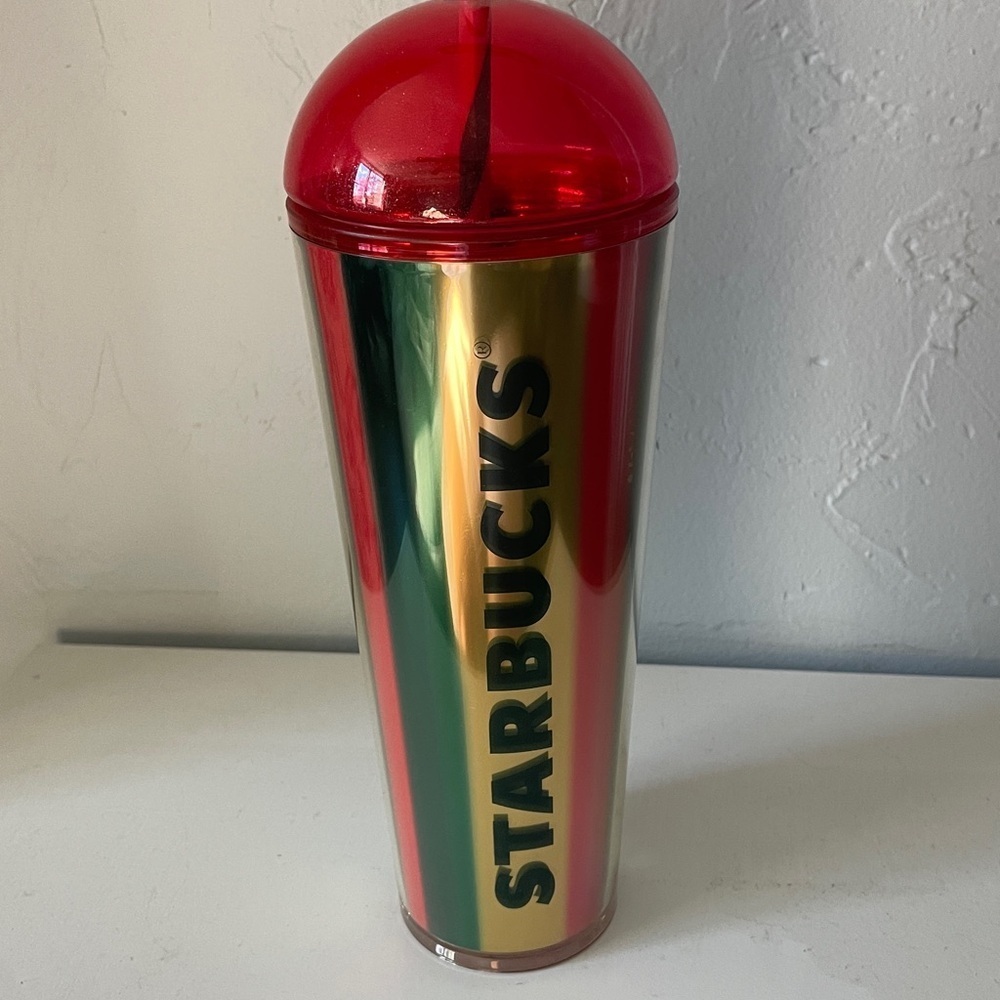Starbucks Insulated Tumbler NEW Christmas Glitter Dome Top Stripe With Straw 24